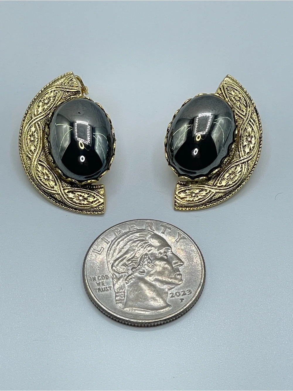 Gold Tone Hematite Cabochon Clip On Earrings Ornate Vintage Style Statement